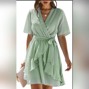 Ecowish v-neck swiss dots ruffle chiffon short sleeve fully lined dress size L